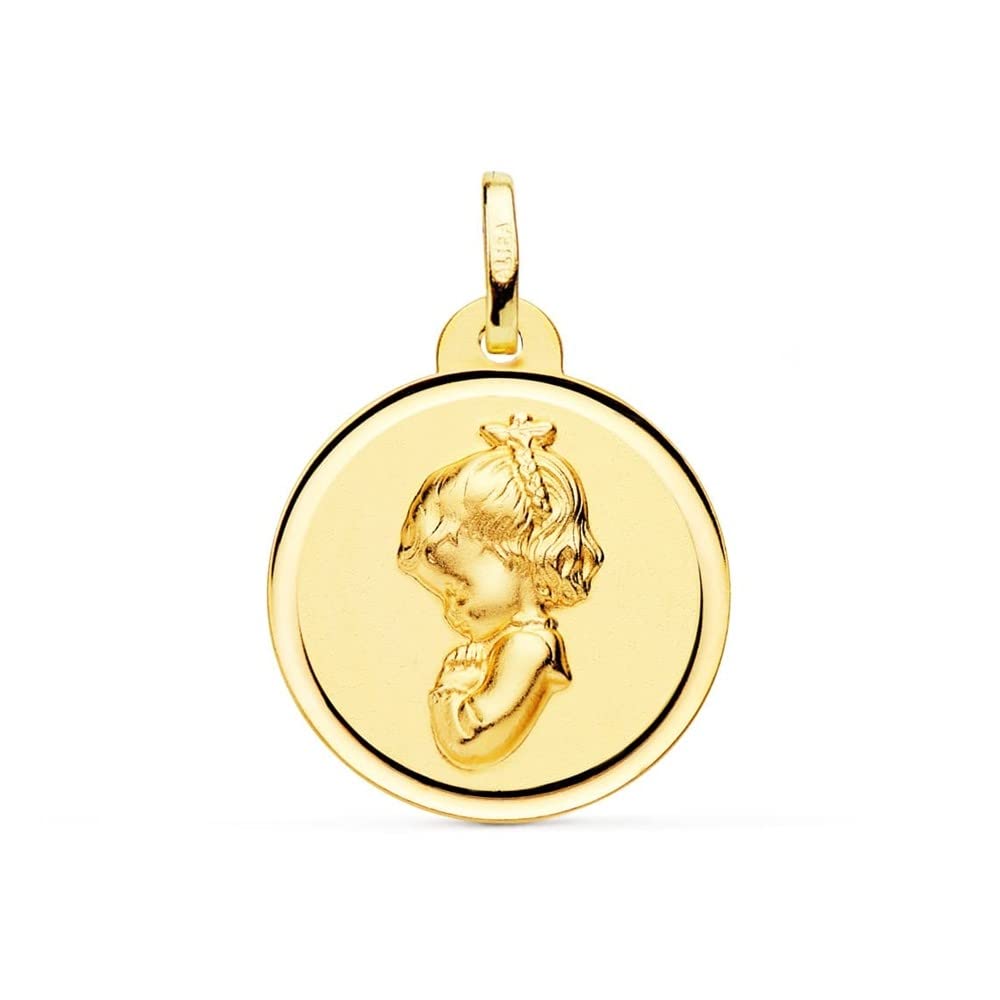 Virgen Niña medalla oro 18k Primera Comunión colgante 20mm. detalle bisel