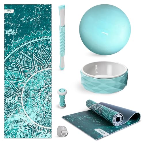 FITFIU Fitness KITWELL-600 Pack de 6 accesorios Yoga Pilates Color Azul con Esterilla, Pelota, Rueda, Correa y 2 Masajeadores Incluye Guía de Ejercicios Wellness