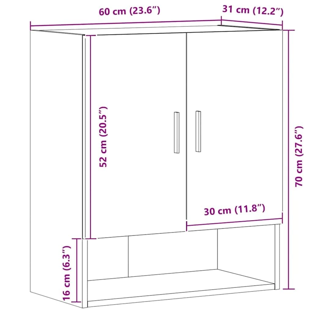 vidaXL Wandschrank Artisan-Eiche 60x31x70 cm Holzwerkstoff, Schrank, Hängeschrank, wandmontierter Vitrinenschrank, Aufbewahrungsschrank