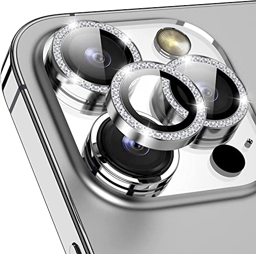 Image of For iPhone 13 Pro /13 Pro Max Camera Lens Protector Tempered Glass Screen Protector, Anti-Scratch Premium Tempered Glass Film Aluminum Alloy 3D Lens Ring Cover - (3 Pack, Silver Diamond)