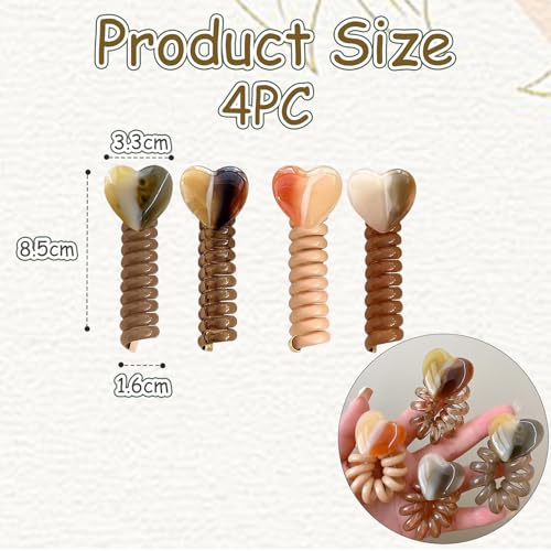4 Piece Spiral Phone Cable Headbands, Heart Decor Phone Wire Hair Gums for Thick Hair, No Damage Coil Cable Gum, Accessories for women