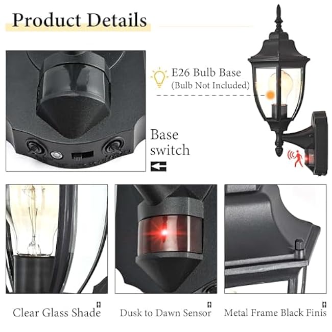 Porch Lights Outdoor Motion Sensor Wall Sconce Anti-Rust Aluminum, Exterior Outdoor Wall Lights Dusk to Dawn Porch Light Fixture Wall Mount for House Outside Patio
