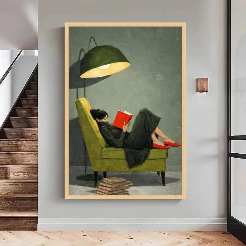 Tableau sur toile femme lisant grand format 70x100 cm décoration murale vintage