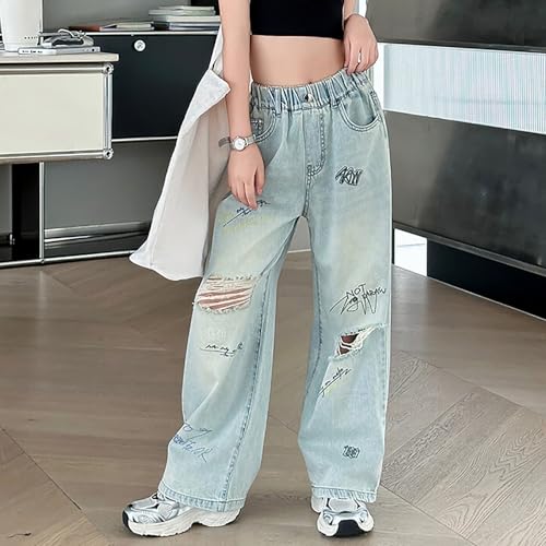 Girls Jeans Ripped Elastic Waist Wide Leg Baggy Denim Pants Teen Cute Graphic Clothes with Pockets Y2K Streetwear4