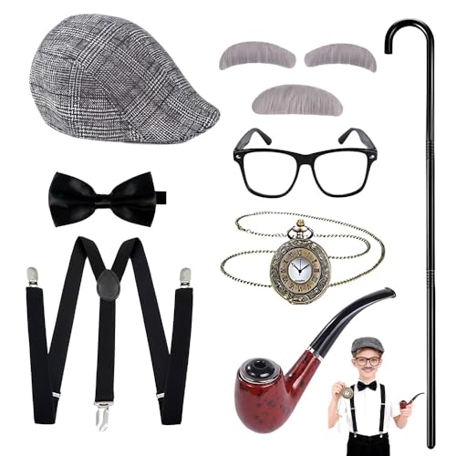 HIULLEN Disfraz de hombre viejo para niños, juego de 9 unidades para niños, disfraz de abuelo con sombrero, pajarita, tirantes, gafas, cejas, barba, bastón y reloj de bolsillo para carnaval, fiesta