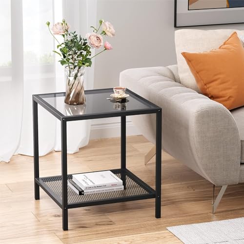Arrow Crafts Small Side Table Glass End Table with Mesh Storage S...
