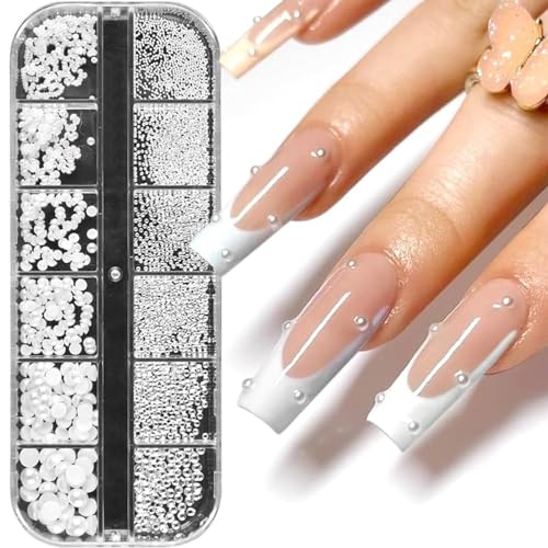 SURALIN 1 boîte/12 Pièces de Breloques pour Ongles en Perles Blanches, Strass Ongle Nail Art de Demi-cercle, Petites Perles en Acier Inoxydable Pierre À...