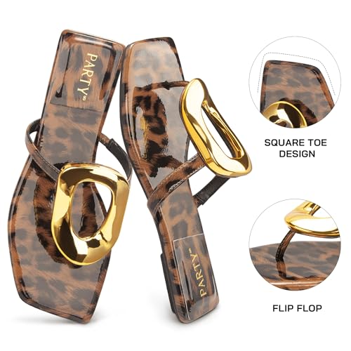 Image of PARTY Square Toe Flip Flops Women,Fashion Designer Thong Sandals with Gold Buckle Trendy Summer Comfort Flat Sandals