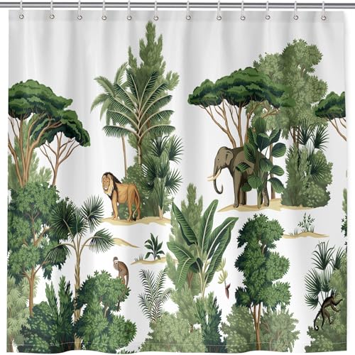 ANHOPE Dschungel Löwe Elefant Affen Duschvorhang für Badezimmer Anti Schimmel Wasserdicht Shower Curtain Waschbar Polyester Stoff Badewanne Duschvorhänge mit 12 Haken 180 x 180 cm