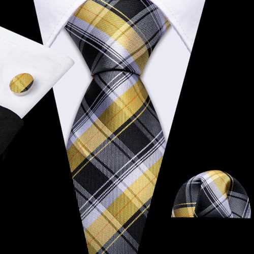 Image of Barry.Wang Man Plaid Ties Silk Check Woven Pocket Square Cufflinks Party Ceremony Yellow