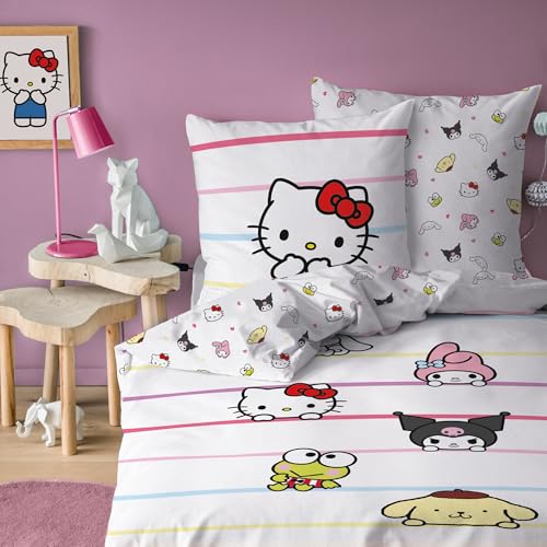 OMYDREAM Parure de lit Hello Kitty Friendly | Chambre Enfant 1 Personne | 100% Coton | Oeko-TEX | Housse de Couette 140x200 cm + Taie d'oreiller 63x63 cm |...