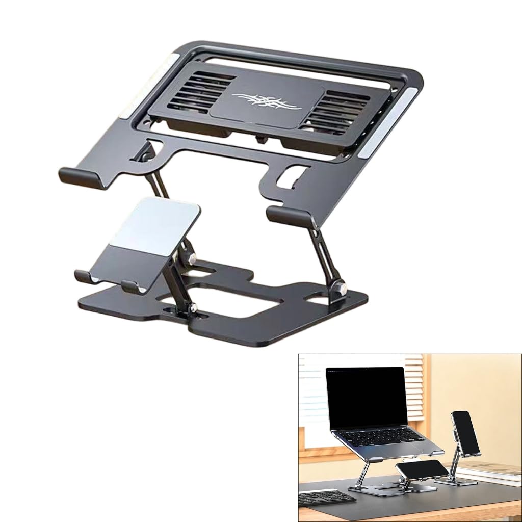 Soporte de refrigeración para computadora portátil con elevador de pantalla, soporte para teléfono y marco de cierre