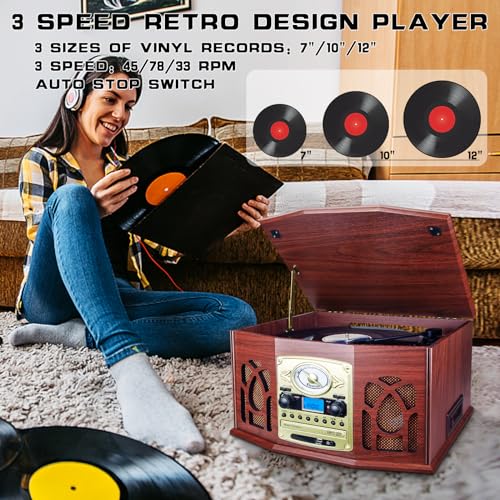 BIGMONAT All-in-One Record Player with 3-Speed Turntable, Cassette Tape/CD Vinyl Record Player,FM Radio, USB, SD Playback,AUX-in, Built-in Speakers,Remote Control by BIGMONAT - Image 3
