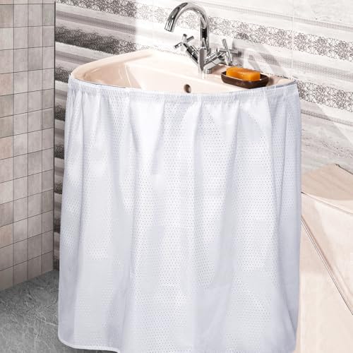 Windkream Fabric Sink Skirt Diamond Bathroom Stitch Self Stick Adhesive Waterproof Fabric Under Sink Curtain Skirt 55 x 32 Inch Adds Bathroom Storage(White,Fashion Style)