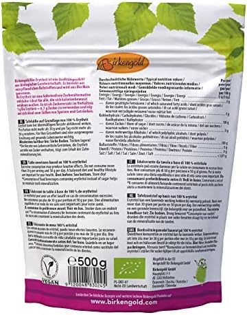 Birkengold organiczny erytrytol, 500 g | z upraw ekologicznych | bezkaloryczny zamiennik cukru | erytrytol smakuje jak cukier | wegański | przyjazny dla zębów | indeks glikemiczny 0