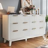 AMERLIFE Fluted 6 Drawers Dresser with Faux Marble Top, 54' Wide Modern Chest of Drawers, Wood Dresser, Drawer Organizer for Bedroom, Living Room, Hallway, Entryway, White
