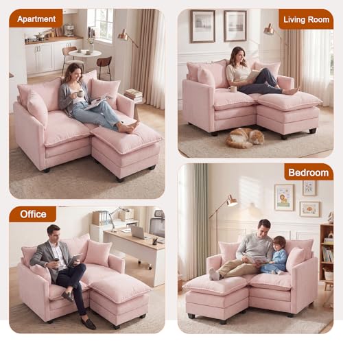 Image of 50'' Loveseat Sofa Set with Ottoman, Small Couch Set 2 Piece Cloud Love Seat 27 inch Deep Seat Washable Pillows Couches for Small Spaces Apartment Living Room, Pink