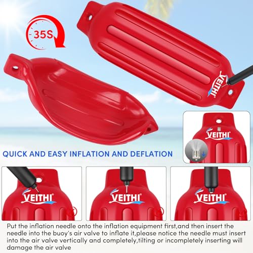 VEITHI Large Boat Fenders 4 Pack 8.5 x 27 inch,Ribbed Twin Eyes Vinyl Boat Bumpers Fenders,Boat Bumpers for Docking Come with Ropes Needles and Pump to Inflate,Pontoon Boat Fenders for Docking - Red by VEITHI - Image 4