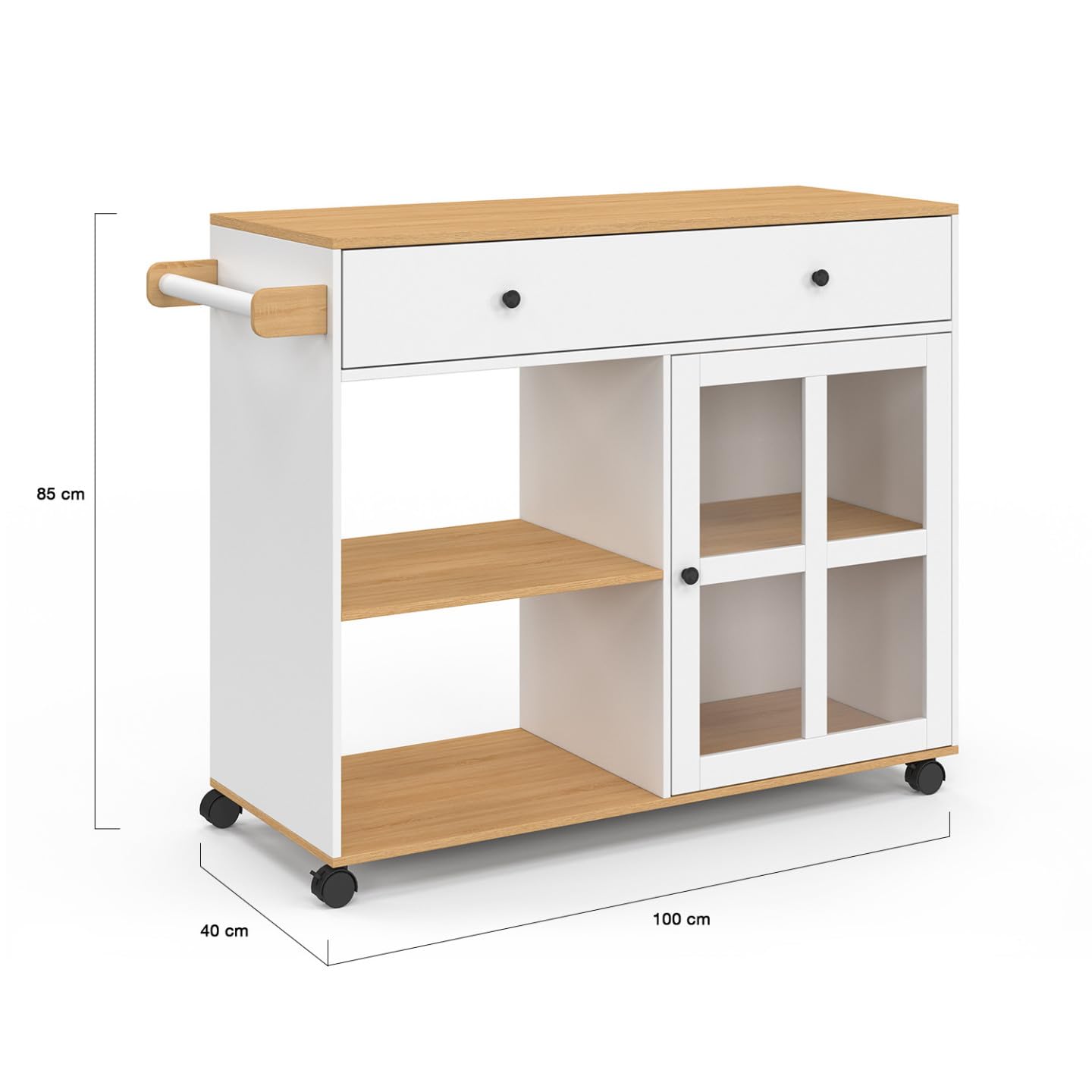 IDMarket - Carrito de cocina ACHILLE XXL con estantería y armario acristalado en madera y blanco L.100 CM