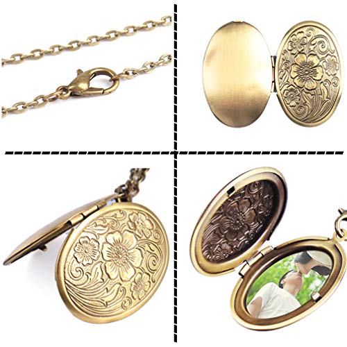 4Eaelove Customize Heart Locket Pendant Necklace Can Open Diy Photo Flower Carved Charm Picture Locket Necklace Titanium Stainless Steel (Oval-Bronze, Can't Customize) #TOP2