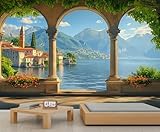 Italian Lake View Arch Wall Mural, European Lakeside Balcony 3D Wall Murals, Roman Pillar Arch Landscape Wallpaper Mural, for Living Room Bedroom Large Wallpaper Interior Decor 118' W x 82.6 'H
