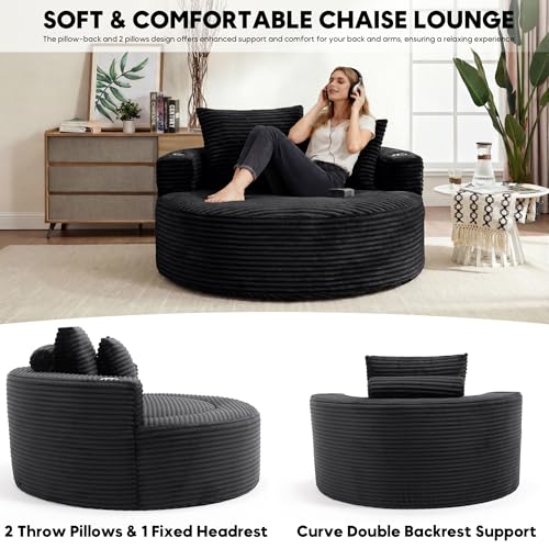 Image of Oversized Round Chair Lounge Chaise Indoor, 55.5 inch Upholstered Corduroy Deep Seat Single Cloud Sofa Chair with Cup Holder, Modern Large Circle Boneless Sleeper Sofa for Living Room, Black
