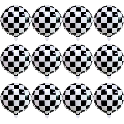 12 Pcs Black White Checkered Balloons 18 Inch, Big Black White Round Balloons Mylar Foil Checkered Balloons for Race Car Themed Birthday Party Decorations Supplies