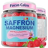 Saffron + Magnesium Glycinate+ Omega-3 - Calm Focus Gummies for Kids 4+, Saffron Extract Supplement with L-Theanine, Holy Basil, Rosemary, B6, B9, B12, D3 for Happy Mood, Cognition, ZZz, Sugar Free