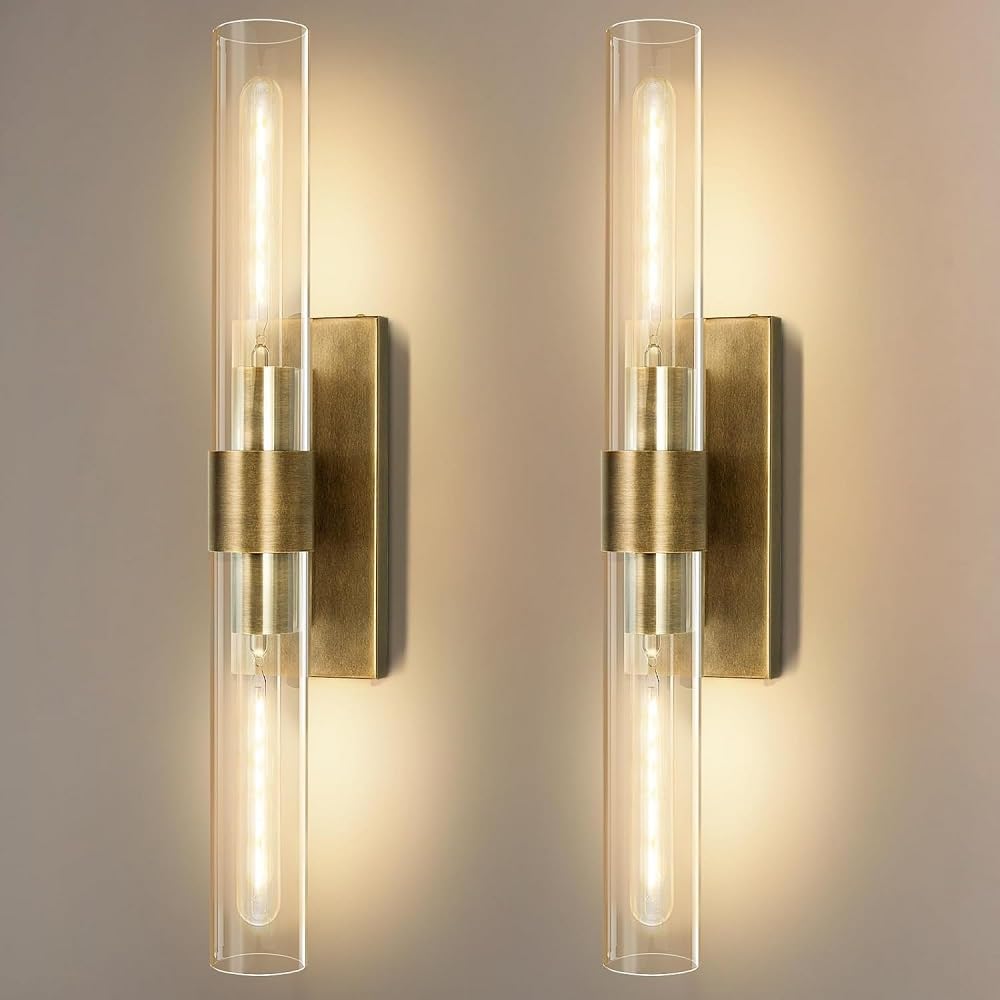 Photo 1 of Vookea Wall Sconces Set of Two, 22.8" Gold Bathroom Sconces Wall Lighting with Clear Glass, Modern Sconces Wall Decor Brass Light Fixtures for Bathroom Mirror Living Room Hallway Bedroom