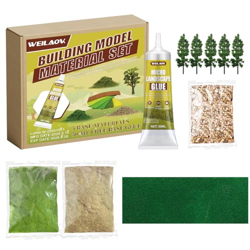 WEILAOK Modelisme Ensemble, 50ml Colle Maquette + 1PCS Fausse Herbe + 5PCS Arbre Miniature + 2PCS Faux Gazon +1 Sac Gravier Decoratif pour Construire des...