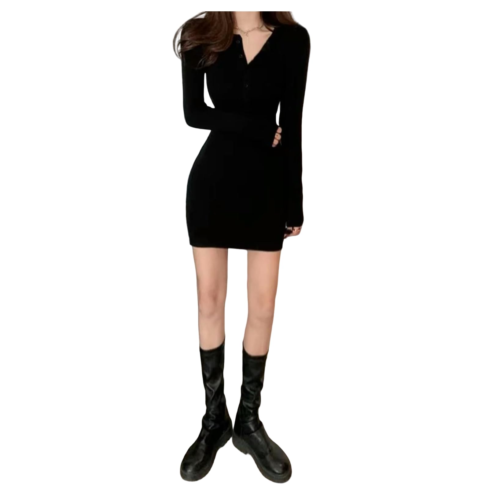 Vestito Mini Abito Inverno Autunno Donna Vccuggino A Villetto Sexy Maglione Elegante Abiti da Corpo Eleganti Abiti A Manica Lunga Gonna Corta-Nero-l