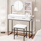 Dowinx ドレッサー コンパクト 2点セット コンセント付き 3色LEDライト スツール付き 鏡台 女優ミラー 姫系 可愛い ドライヤーホルダー 収納沢山 おしゃれ 引き出し 収納 テーブル 化粧台 白 ホワイト 純白＆ブラック LS-GJ01C