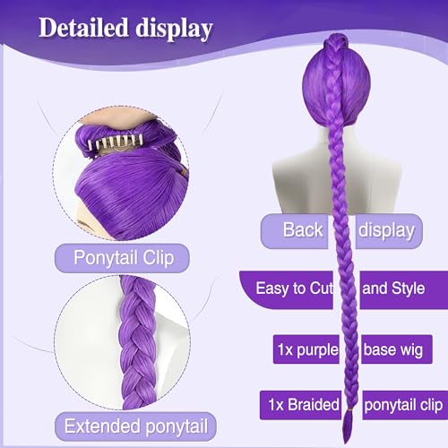 Long Purple Cosplay Wig with Braid Ponytails - Halloween Cosplay Wigs for Women Costume Party4