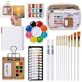 24 Color Mini Watercolor Paint Set, Portable Travel Art Kit with Walnut 8-Grid Wooden Palette, 12 Tubes & 12 Glitter Solid Paints, Sketchbook, 12 Brushes & Metal Clip, Gift for Painter Beginner Artist