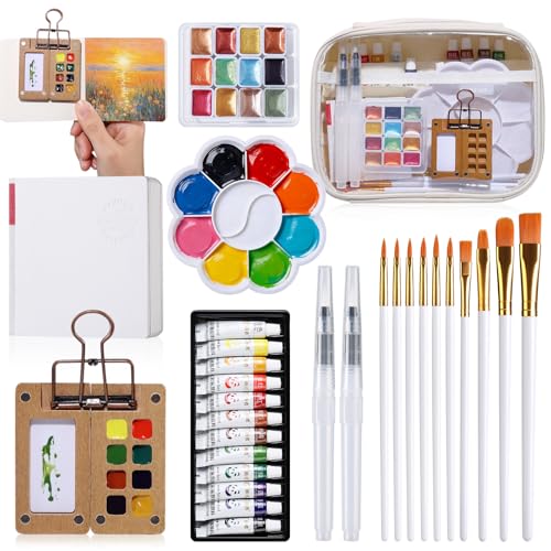 24 Color Mini Watercolor Paint Set, Portable Travel Art Kit with Walnut 8-Grid Wooden Palette, 12 Tubes & 12 Glitter Solid Paints, Sketchbook, 12 Brushes & Metal Clip, Gift for Painter Beginner Artist