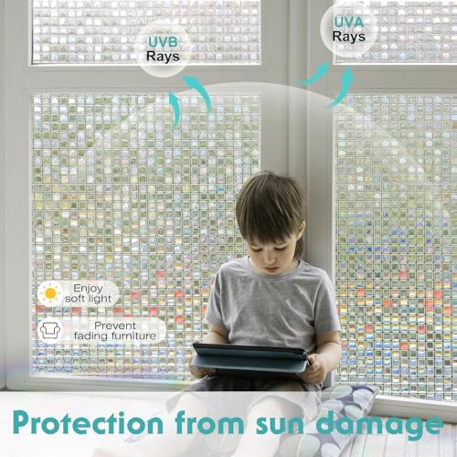Image of CREON Window Privacy Film Stained Glass (24 X 508 Inch) Rainbow Mosaic Decorative Static Glass, Removable Vinyl UV Blocking Stickers for Home,Office