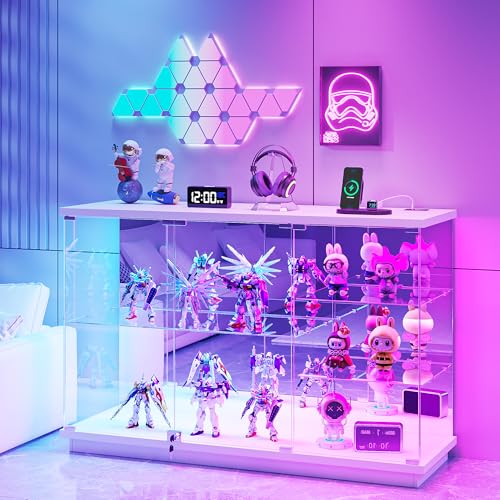 Lvifur RGB Glass Display Cabinet - with Lock, High Gloss Curio Cabinet Sideboard with Human Body Sensor & Glass Shelves for Toys, Books, Collectibles, Bookcase for Living Room, Kitchen, Stud