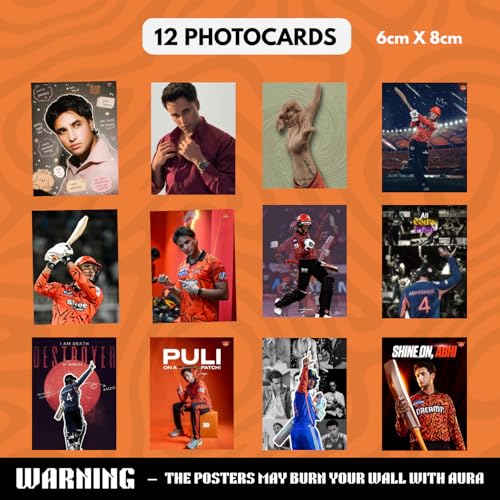Image of Abhishek Sharma Gift Merchandise | 10 Premium Posters, 13 Stickers, 12 Photocards & 1 Split Poster | Aesthetic Abhishek Sharma Merchandise Gift Set for Cricket Fans | Posters Combo Pack for Room Decor