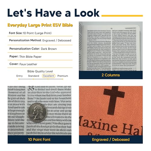 Image of Personalized ESV Large Print Bible for Adults, Name Engraved, Standard Size | Customize Your Dark Brown Faux Leather Bible Your Way, Presentation Page, Concordance, Lay-Flat, 2-Column & Thin Paper