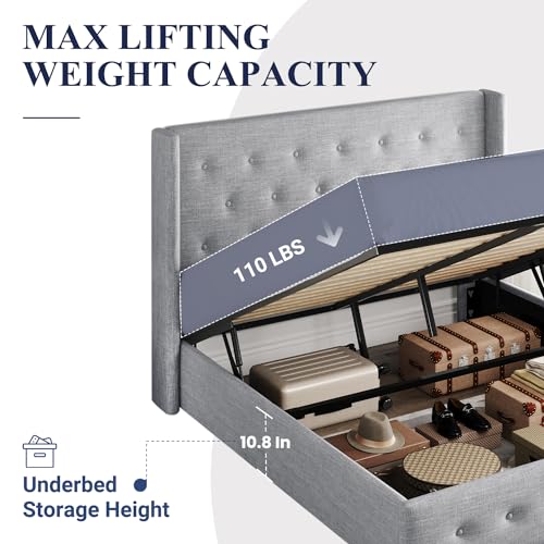 Allewie Full Size Lift Up Storage Bed, Button Tufted Headboard with Wingback, Hydraulic Support, No Box Spring Needed, Light Grey