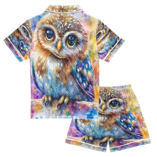 ALAZA Owl Color Bird Art Satin Pajamas Set Short Sleeve Button Down Sleepwear Summer Pjs 2 Piece2