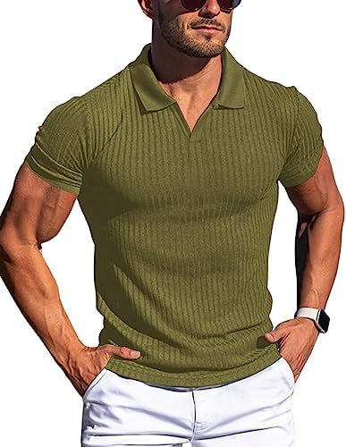 Gnvviwl Men's Muscle V Neck Polo Shirts Slim Fit Short Sleeve Cotton Golf T-Shirts Ribbed Knit Soft Tees Army Green