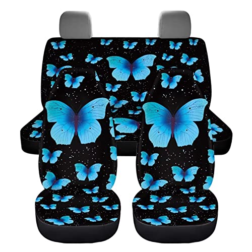 Image of Black Butterfly Print Automotive Seat Cover Full Set Custom Front Back Seat Cover Easy Install Soft Breathable Universal Car Seat Protector for Women Men Fitted Car Interior Accessories for Trucks