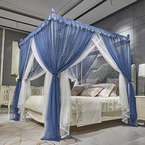 4 Corners Post Princess Mosquito Net Curtains Bed Canopy for Girls Curtain- Double Layer Sheer Mesh Canopies Drapes Girls Room Decor (Blue-Navy, King)