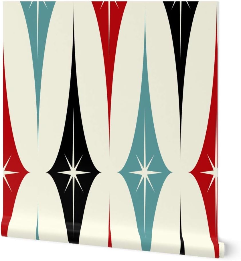 Spoonflower Peel & Stick Wallpaper 3ft x 2ft - Midcentury Modern Diamonds Black Blue Stars Red Retro Diamond Custom Removable Wallpaper