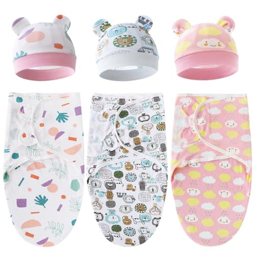ISAKEN Newborn Swaddle Decke Hut Set Wickeldecken Baby Pucktuch Baby Pucksack Pucktücher Wickeldecke Puckschlafsack Pucktuch Warm Hut für 0-6 Monate Neugeborene Mädchen Jungen