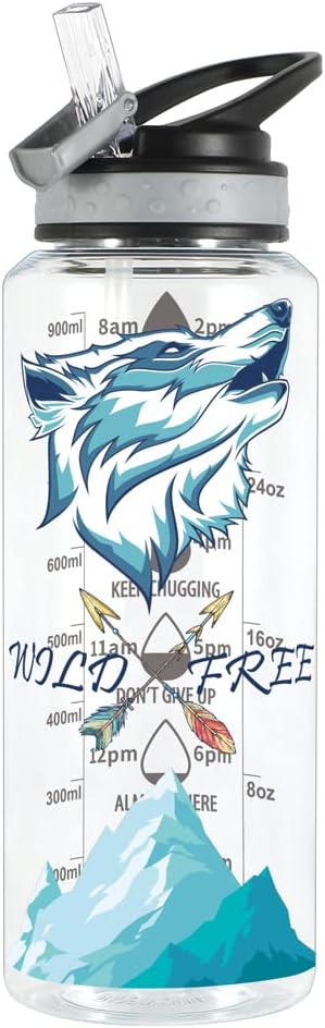 Home Tune 32oz Water Drinking Bottle - Tritan BPA Free, Wide Mouth, Straw Flip Lid, Time Marker, Easy Open, Lightweight, Leak-Proof Water Bottle with Foil Print Design For Girls & Boys - Wolf