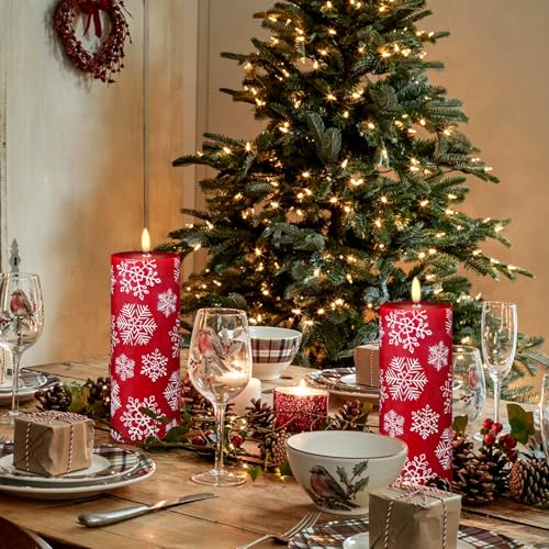Image of Wondise Christmas Flameless Candles with 6hrs Timer, Snowflakes Battery Operated Flameless Flickering Red Candles with 3D Wick Real Wax LED Candles for Christmas Holiday Indoor Decoration(2.6 inchx7.8 inch)