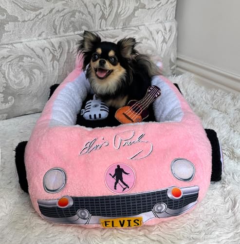 Megatoys Elvis Plush Car Pet Bed – Pink Pet Bed with Musical-Design Pillows and Elegant Car Styling