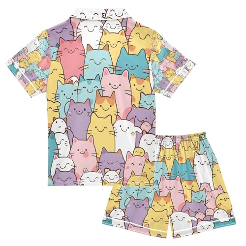 senya Colored Of Cats Satin Summer Pajama Sets Silk Short Sleeve Button Down Sleepwear2